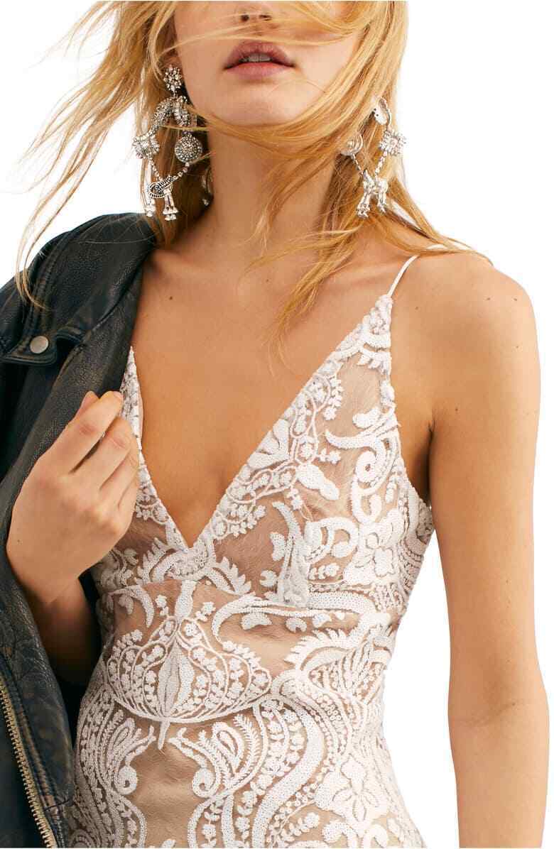 Free People Night Shimmers Mini Dress Plunge Sequin Lace Nude