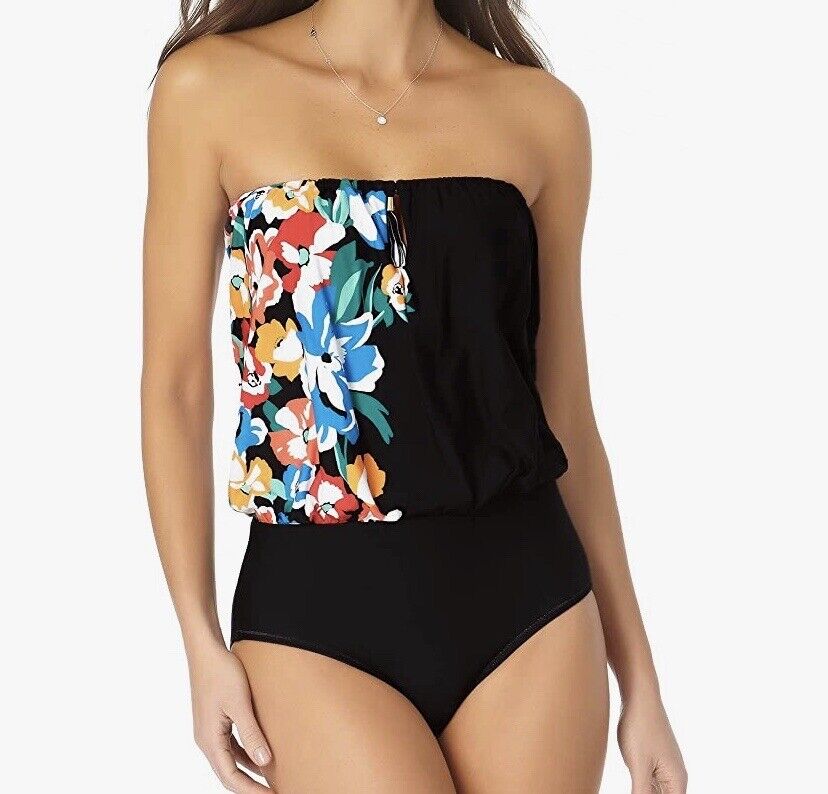 Anne Cole Womens Swimwear Black Blouson One-Piece Floral