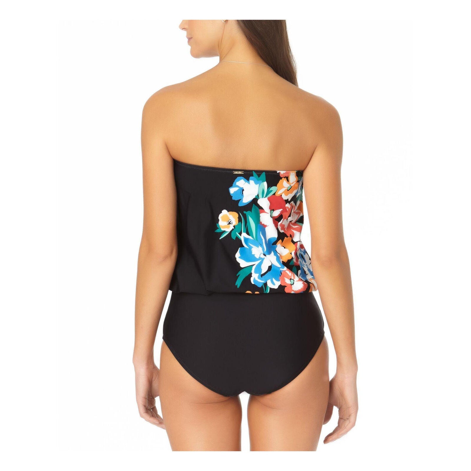 Anne Cole Womens Swimwear Black Blouson One-Piece Floral