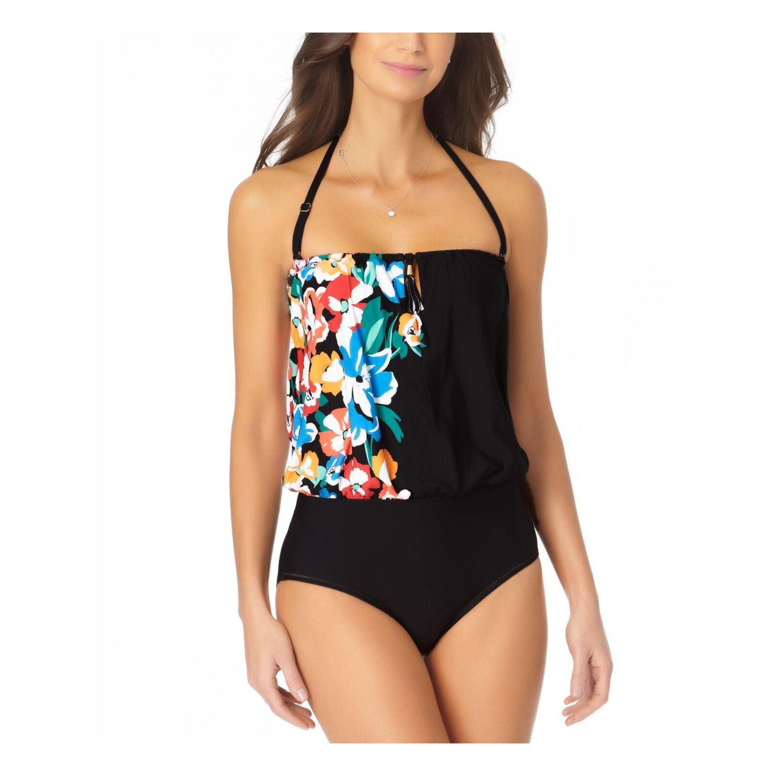 Anne Cole Womens Swimwear Black Blouson One-Piece Floral