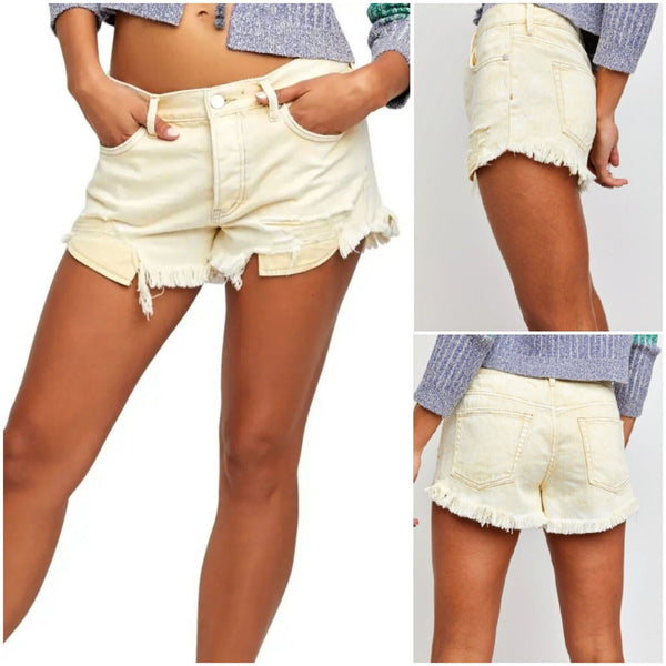 Free People Loving Good Vibrations Cotton Frayed Denim Shorts