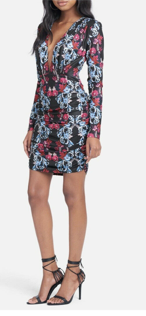 BeBe Printed V-Neck Mini Dress, Size Small