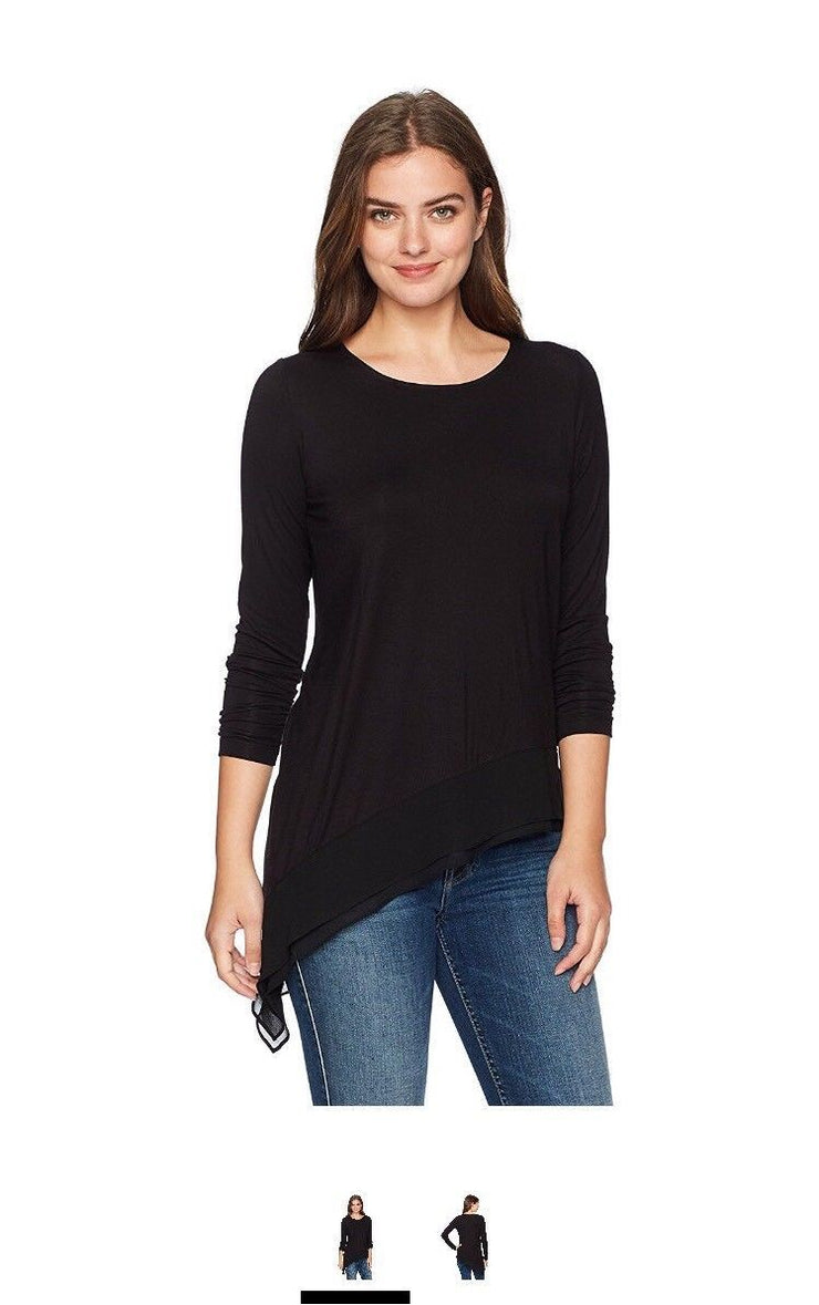 Foxcroft Womens Long Sleeve Asymmetrical Pullover Knit, Black, L
