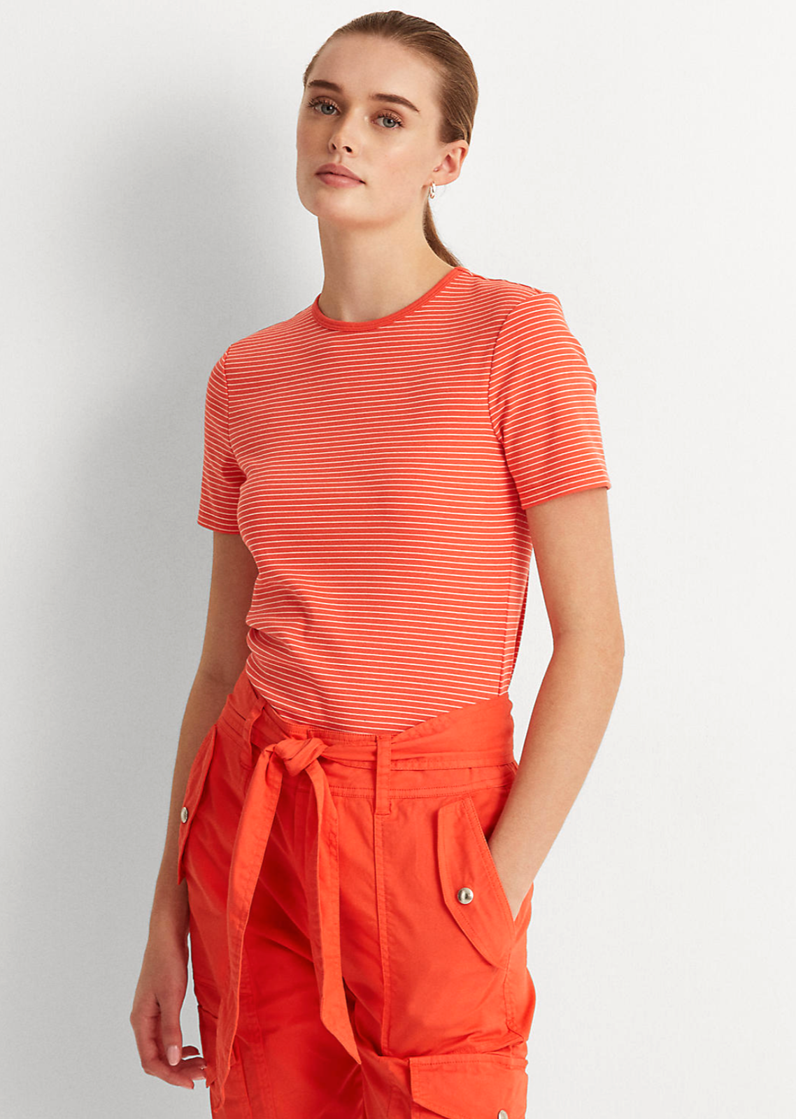 Lauren Ralph Lauren Striped Stretch Cotton Tee in Orange