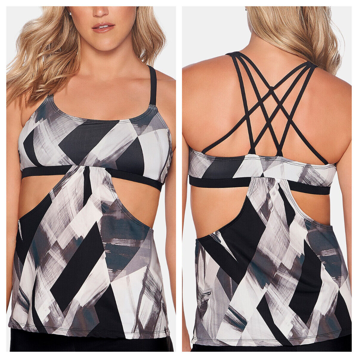 Reebok Tankini Tops Cutout Strappy-Back Tank, Size Medium