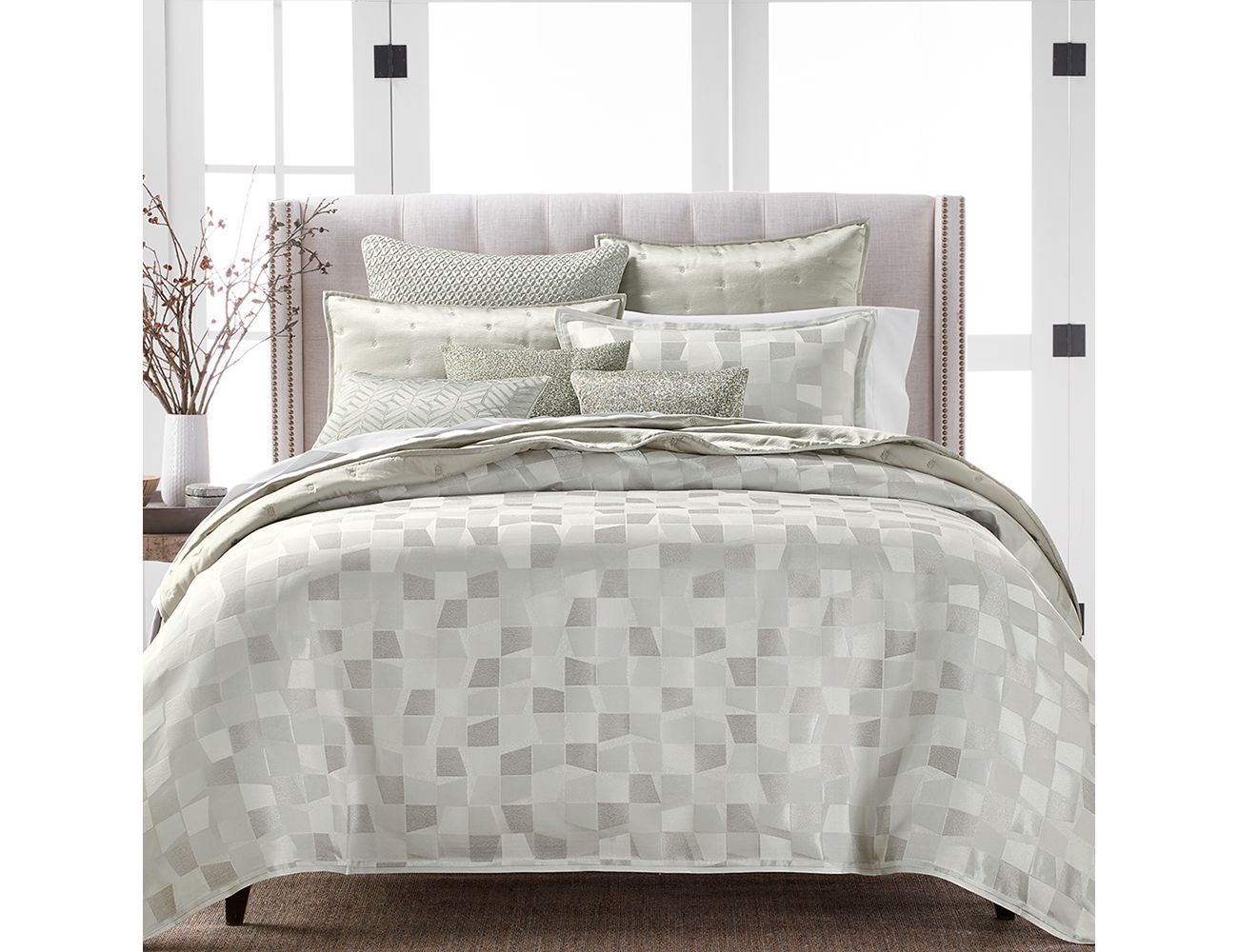 Hudson Park Collection Facets Duvet Cover Set, King, Light Gray