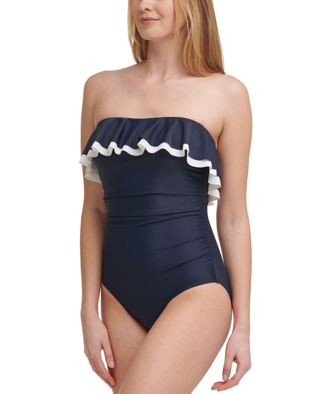 Tommy Hilfiger Solid Ruffle Strapless One-Piece Swimsuit