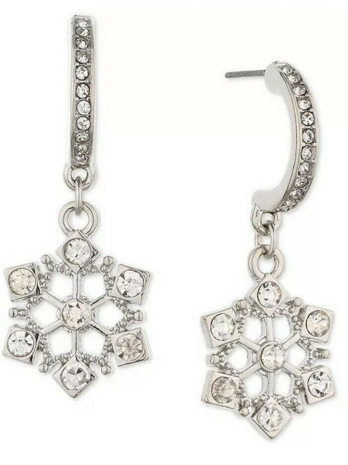 Holiday Lane Silver-Tone Pave Snowflake Charm J-Hoop Earrings