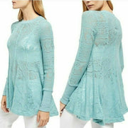 Free People Women's Lace Ribbed Trim Tunic Sweater Blue Size Small