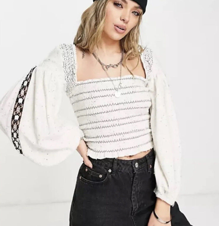 Free People Maggie Embroidered Long Sleeve Top in Ivory, Size Large