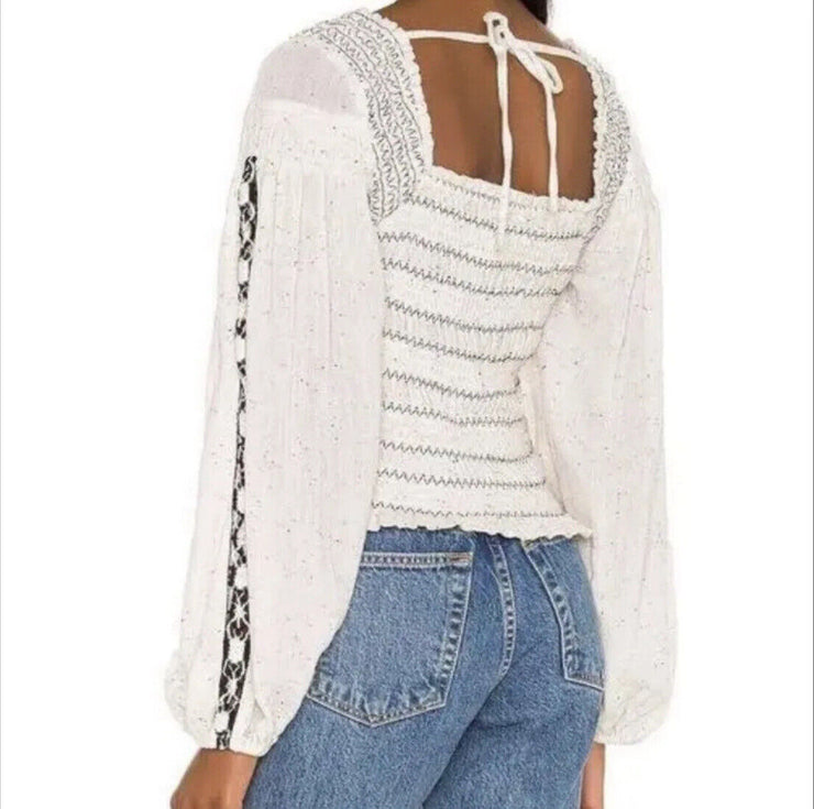 Free People Maggie Embroidered Long Sleeve Top in Ivory, Size Large