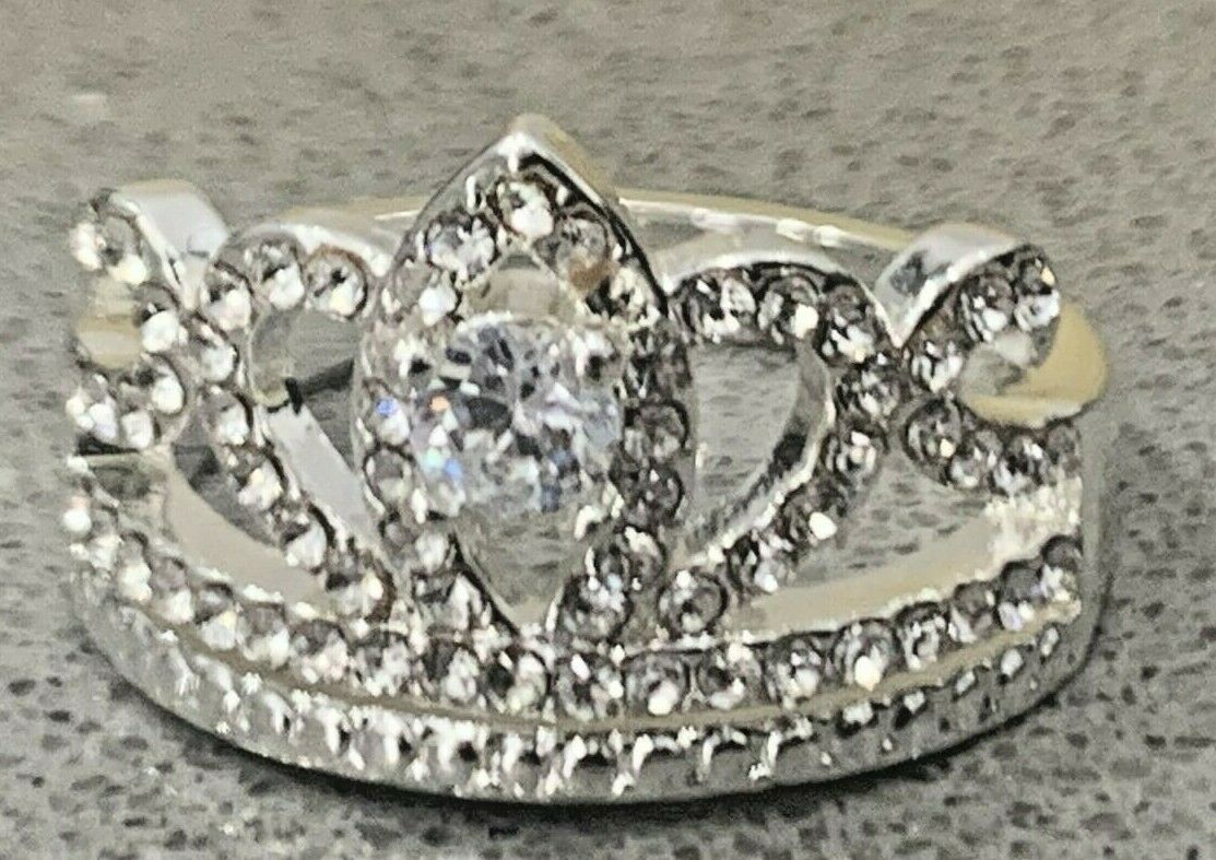 Charter Club Fine Silver Plate Crystal Crown Ring, Size 6