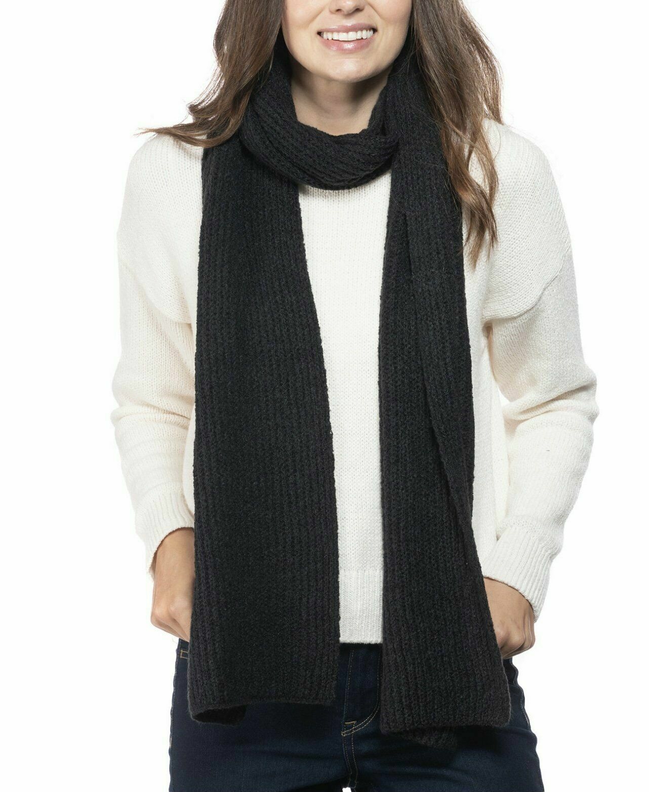 Style and Co Womens One Size Ribbed Solid Knit Sweater Scarf Black