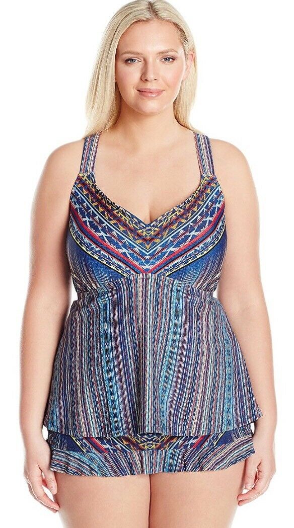 Jessica Simpson Womens Plus Size Dusty Road Denim-Inspired Cross Back Tankini,OX