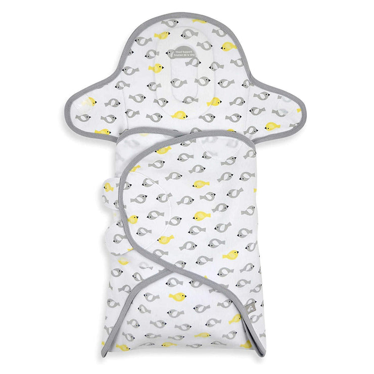 Just Born Infant Deluxe Swaddle unisex yellow bird print padded, Size 0/3 Months