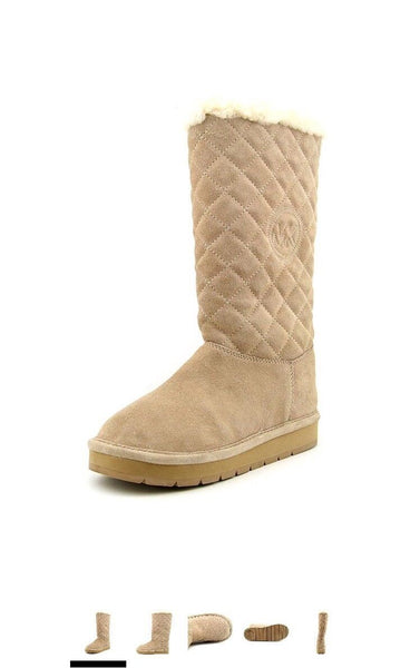 Michael Kors Sandy Quilted pieced Tall Boots khaki suede fur sherpa,Size  6