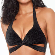 Bar III Shimmer Twist-Halter Bikini Top, Black, Size Small