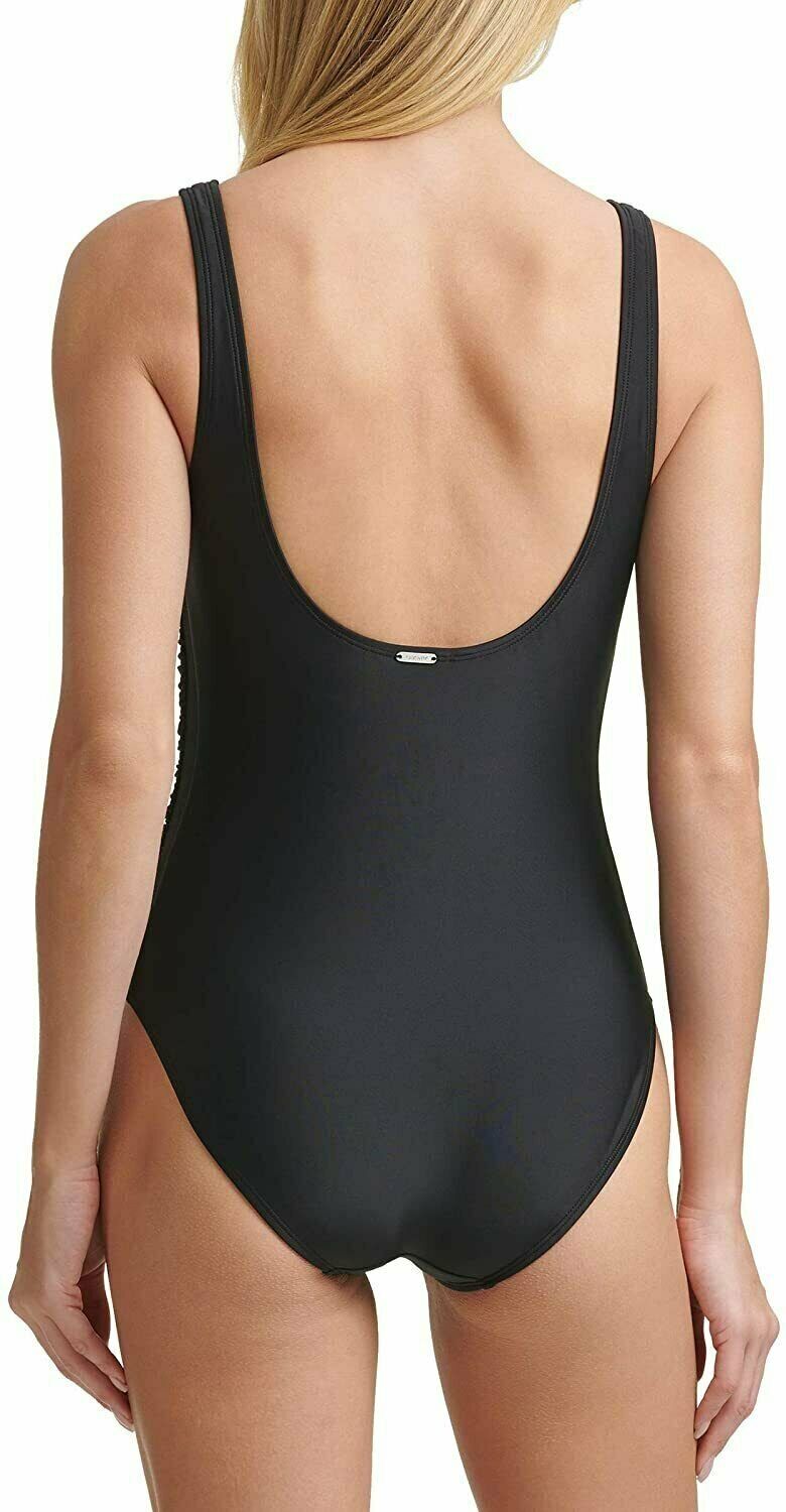 DKNY Mesh Side Shirred One Piece Swimsuit, Black, Size 6