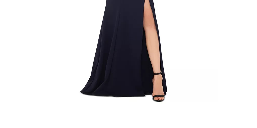 Xscape Slitted Zippered Sleeveless V Neck Full-Length Sheath Evening Dress