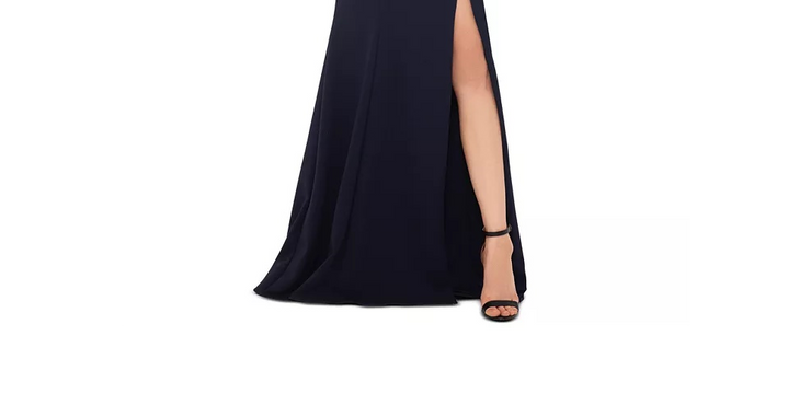 Xscape Slitted Zippered Sleeveless V Neck Full-Length Sheath Evening Dress