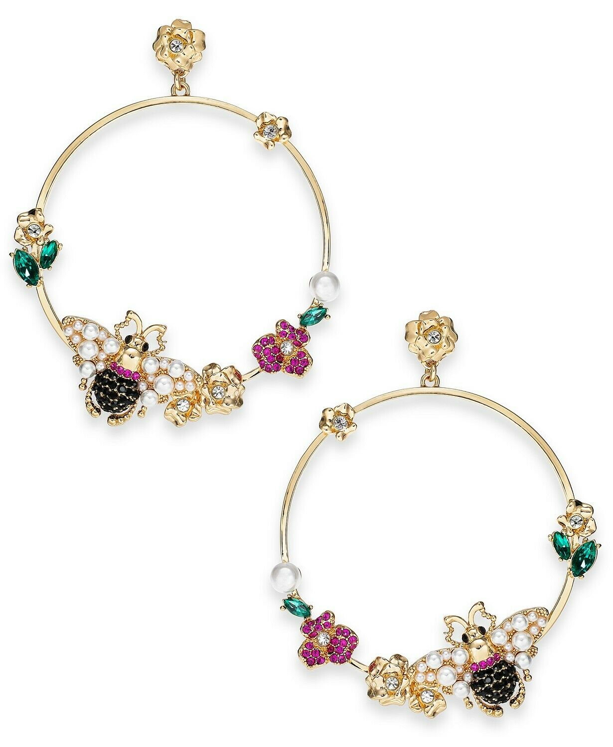 Thalia Sodi Gold-Tone Imitation Pearl & Crystal Bee and Flower Drop Hoop Earring