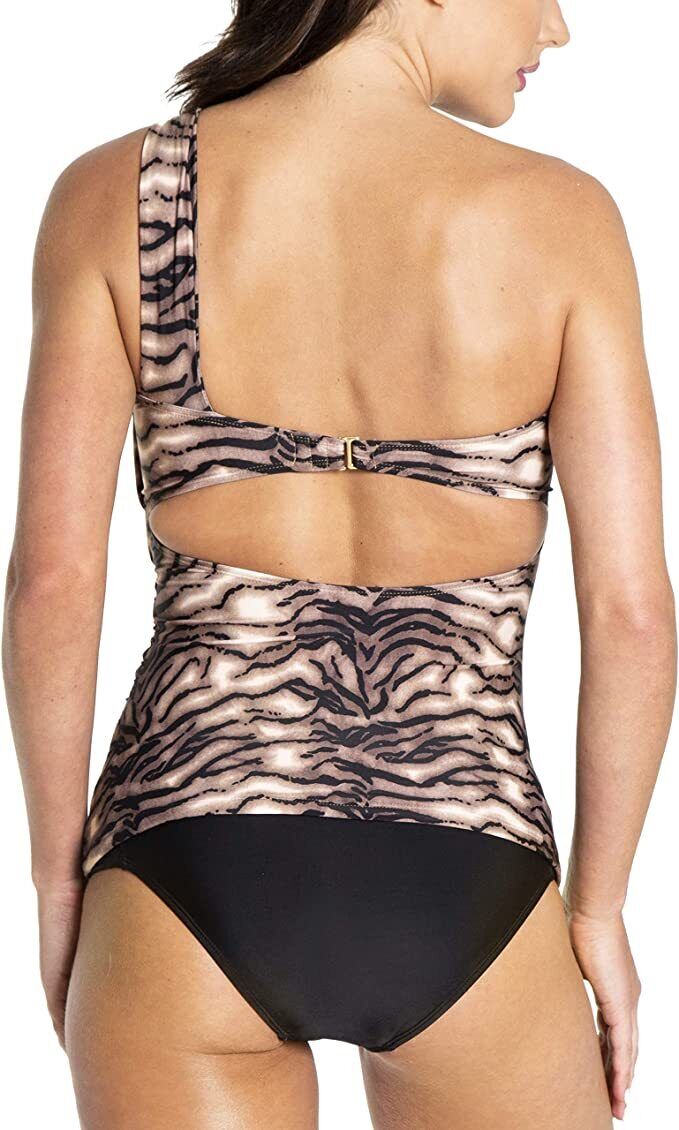 Rachel Roy Womens One Shoulder Tankini Bikini Top in Black/Tan Small