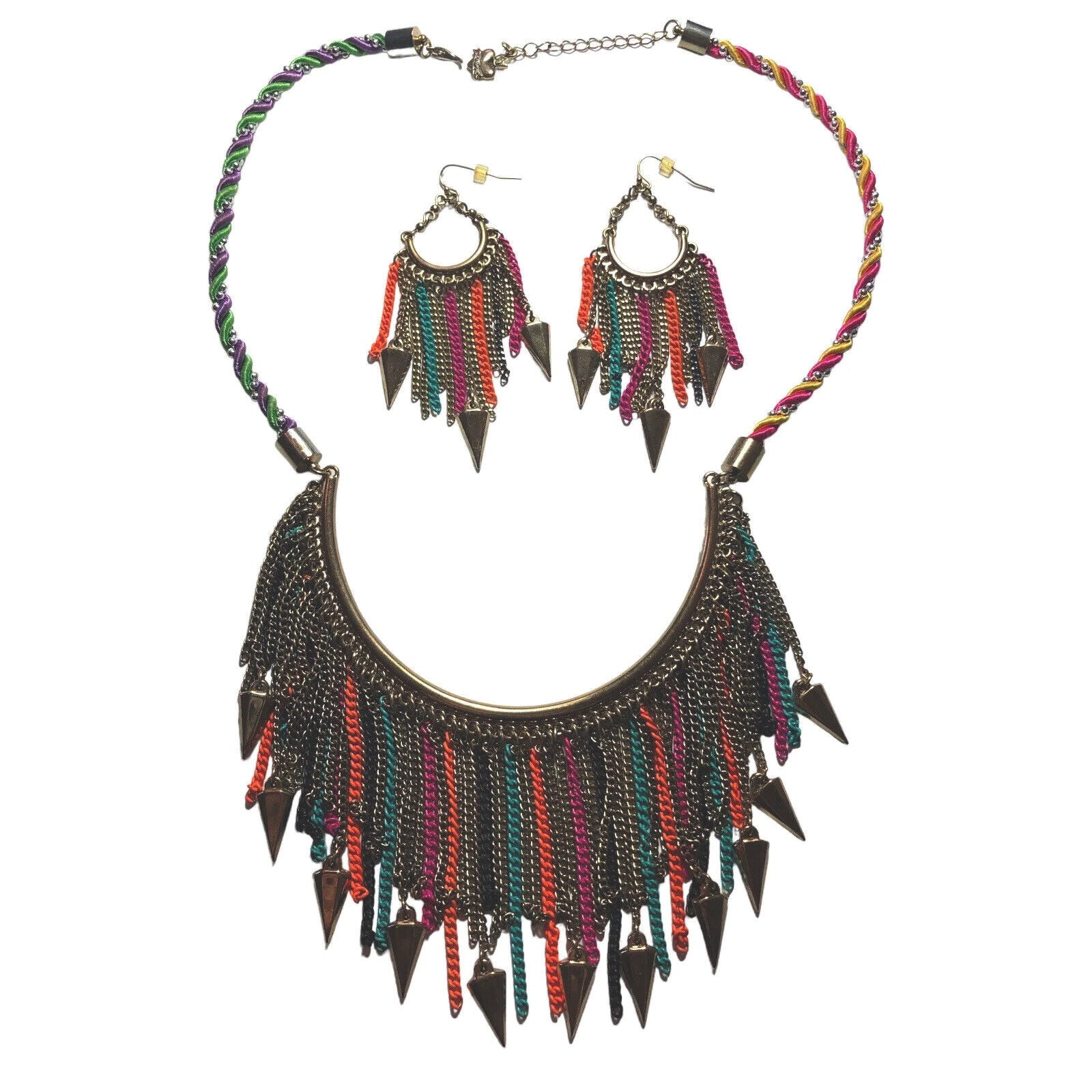 Vera Wang Born To Rule Boho Chain Fringe Collar Necklace and Earrings Colorful S