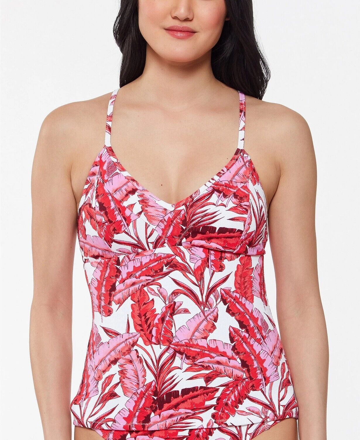 Jessica Simpson Fuchsia Multi Paradiso Palm Crossed-Back Tankini Top, Us XL