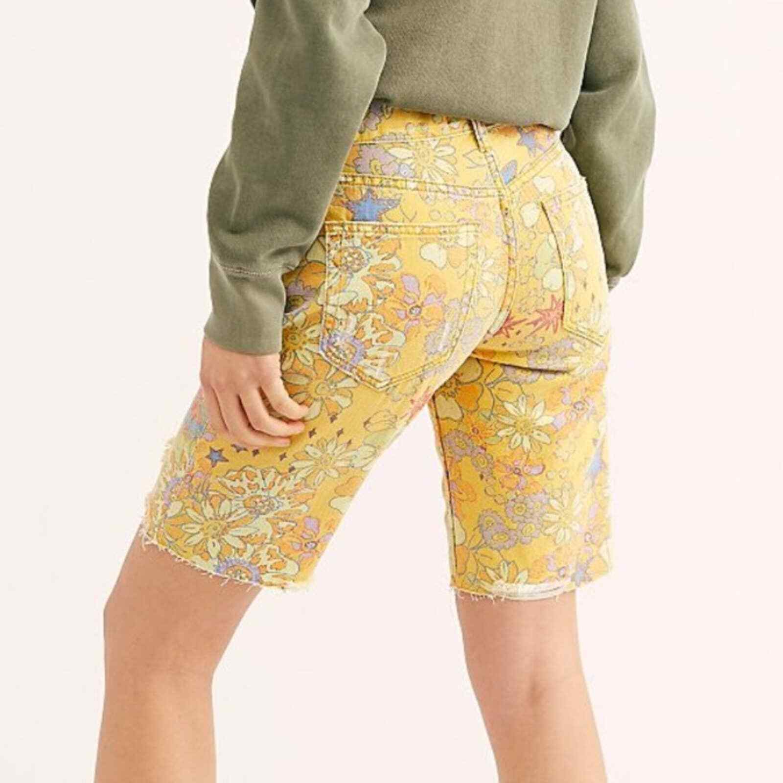 Free People Alani Printed Ripped Shorts - Yellow Combo, Size 24