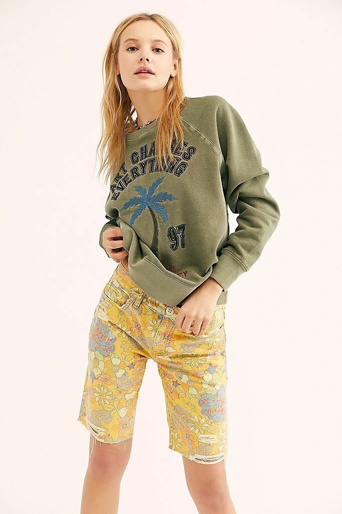 Free People Alani Printed Ripped Shorts - Yellow Combo, Size 24