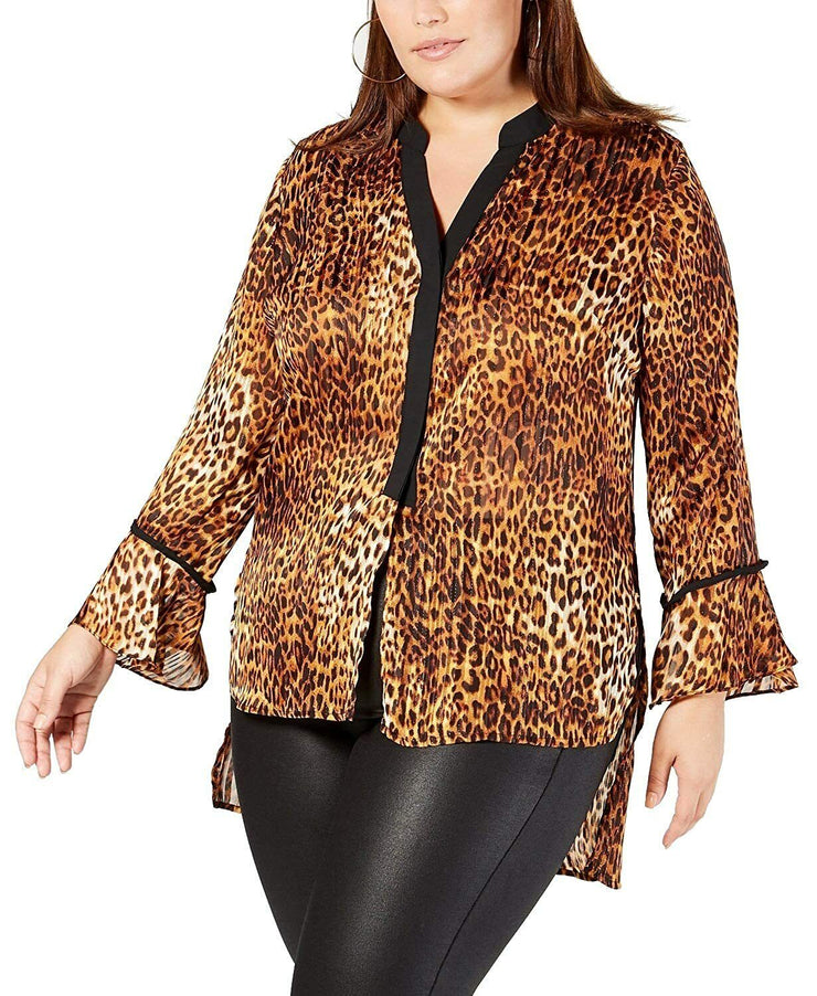 NY Collection Women Blouse Brown High Low Cheetah, Size 2XP