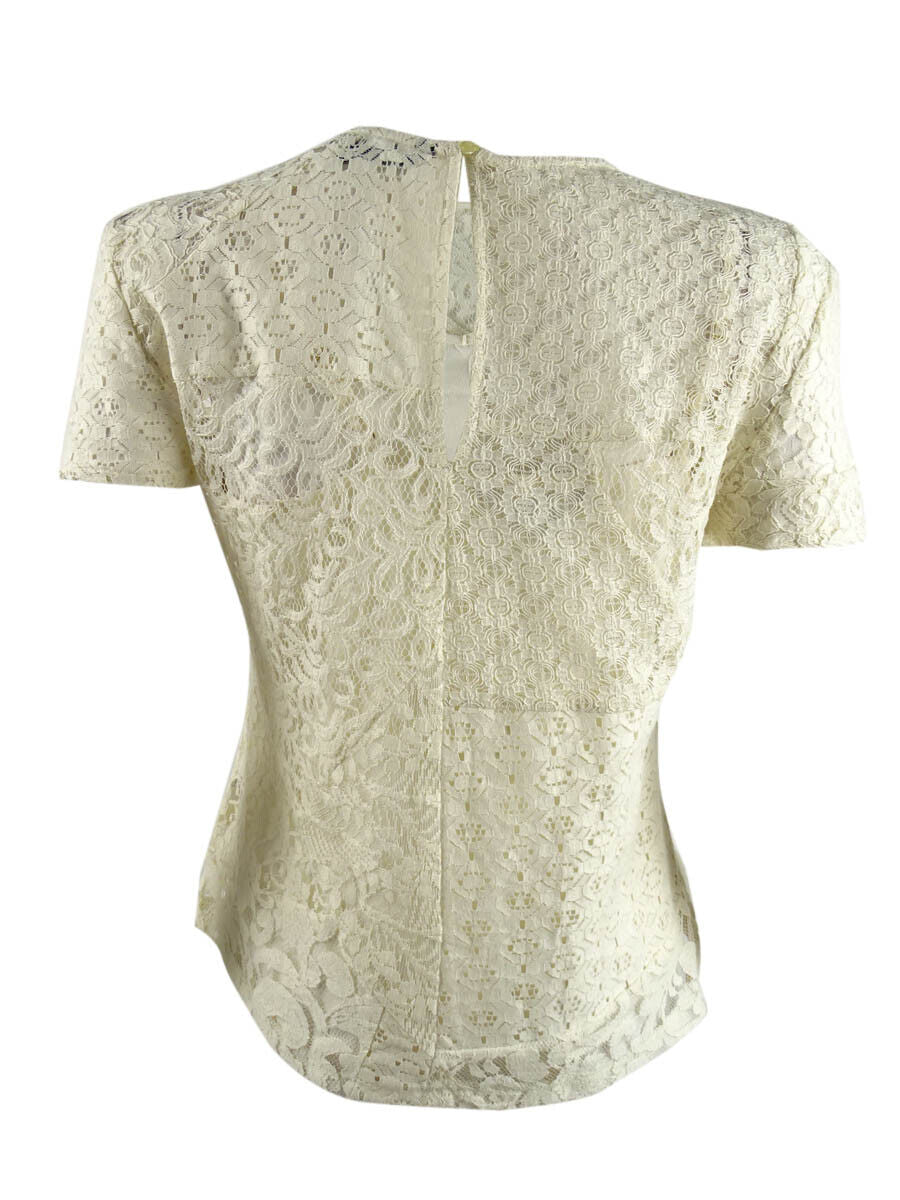 Lauren Ralph Lauren Womens Patchwork Lace Short-Sleeve Blouse, 10 Winter Cream