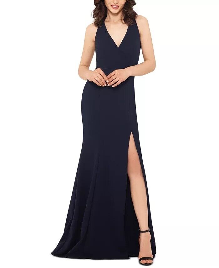 Xscape Slitted Zippered Sleeveless V Neck Full-Length Sheath Evening Dress
