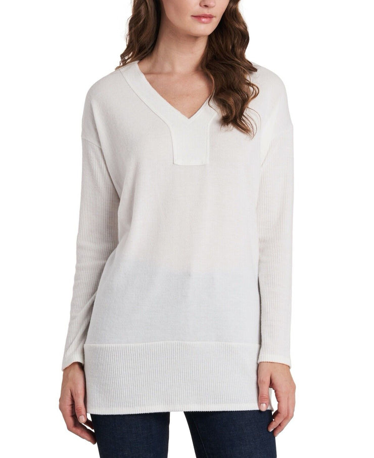 Vince Camuto Sweater Top Soft Knit Ivory V-Neck Drop Shoulder Tunic Size S
