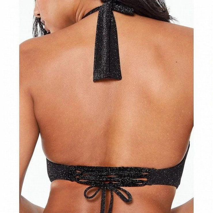 Bar III Shimmer Twist-Halter Bikini Top, Black, Size Small