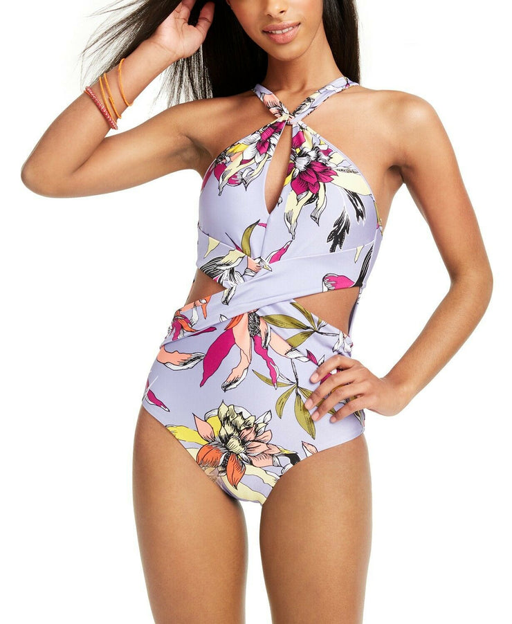 Bar III Wild Tropic Printed High-Neck Cutout One-Piece Swimsuit, Size Small