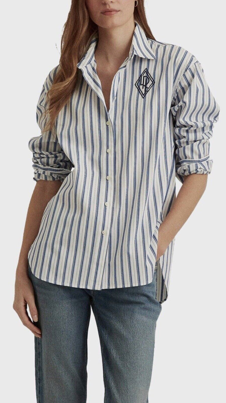 Lauren Ralph Lauren Striped Logo Cotton Broadcloth Shirt, White/Blue, Xxs