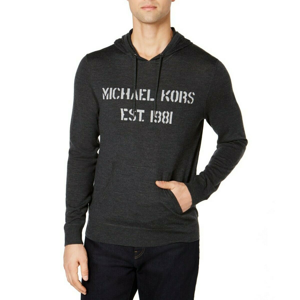 Michael Kors Mens Merino Wool  Sweater Charcoal Pullover Hooded