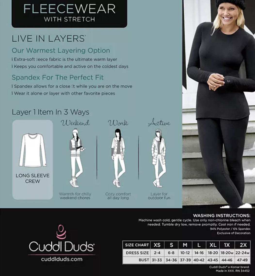 Cuddl Duds Fleece Wear Long Sleeve Stretch Thermal Top