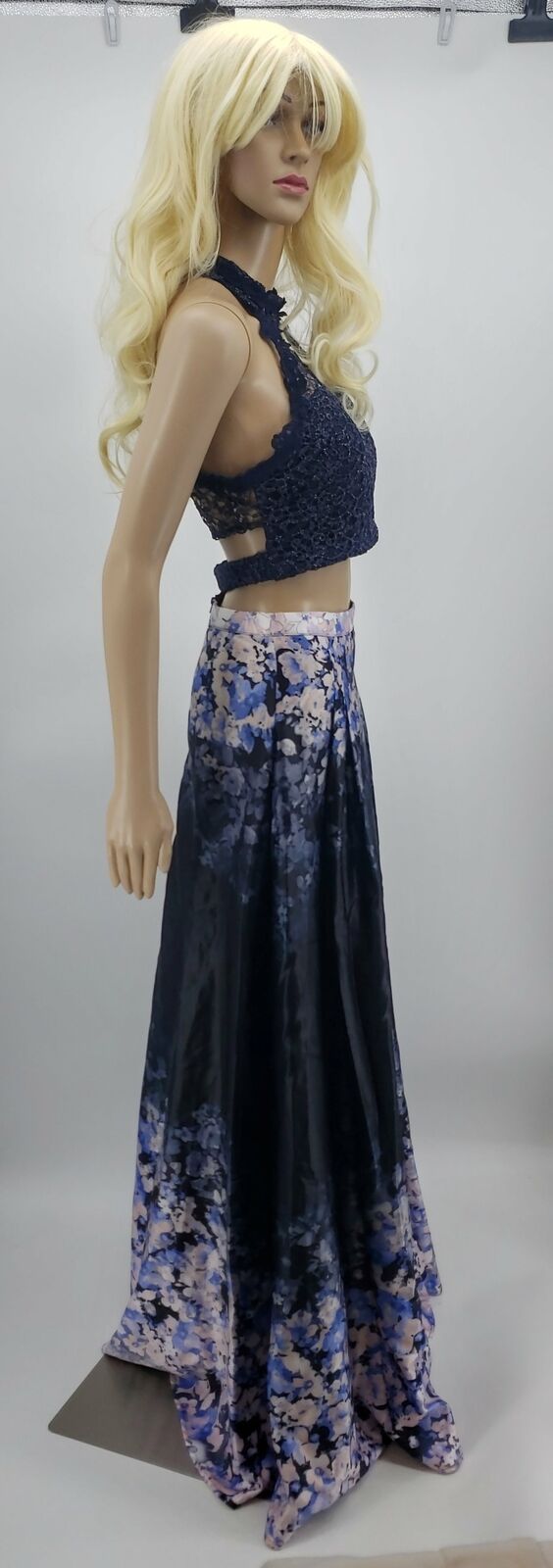 City Studios Juniors  2-Pc. Glitter Lace Top and Floral Skirt Navy,  Size 7