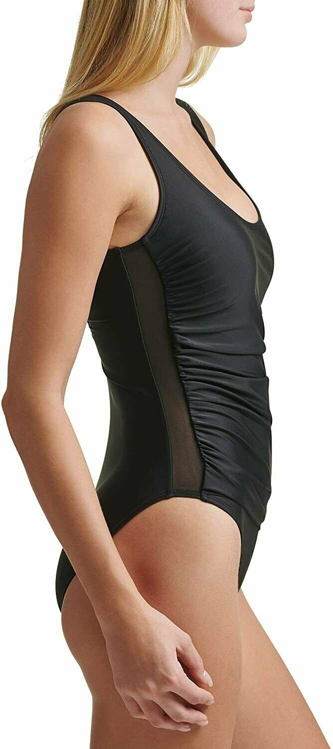 DKNY Mesh Side Shirred One Piece Swimsuit, Black, Size 6