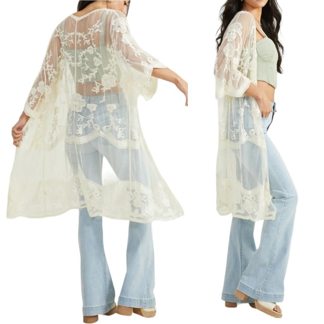 Adiva Boho Embroidered Lace Kimono Open Front Bell Sleeves 45 Long, Medium