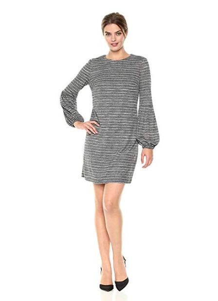 London Times Womens Long Sleeve Round Neck Shift Dress Grey, 12, NWT