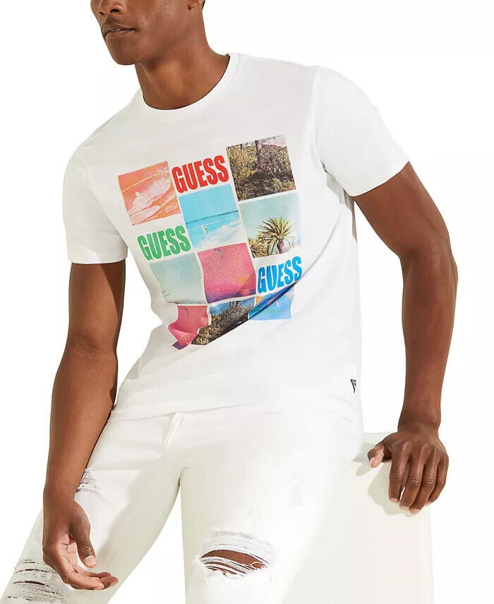 Guess Short Sleeve Postcard Logo Tee in White, Size Large