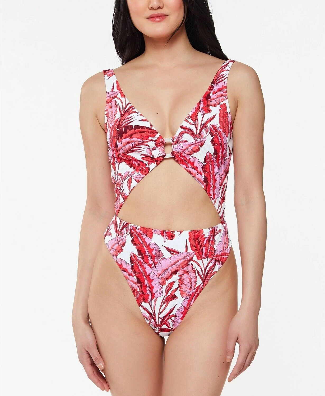 Jessica Simpson Printed Paradiso Palm O-Ring Cut-Out One-Piece Swimsuit