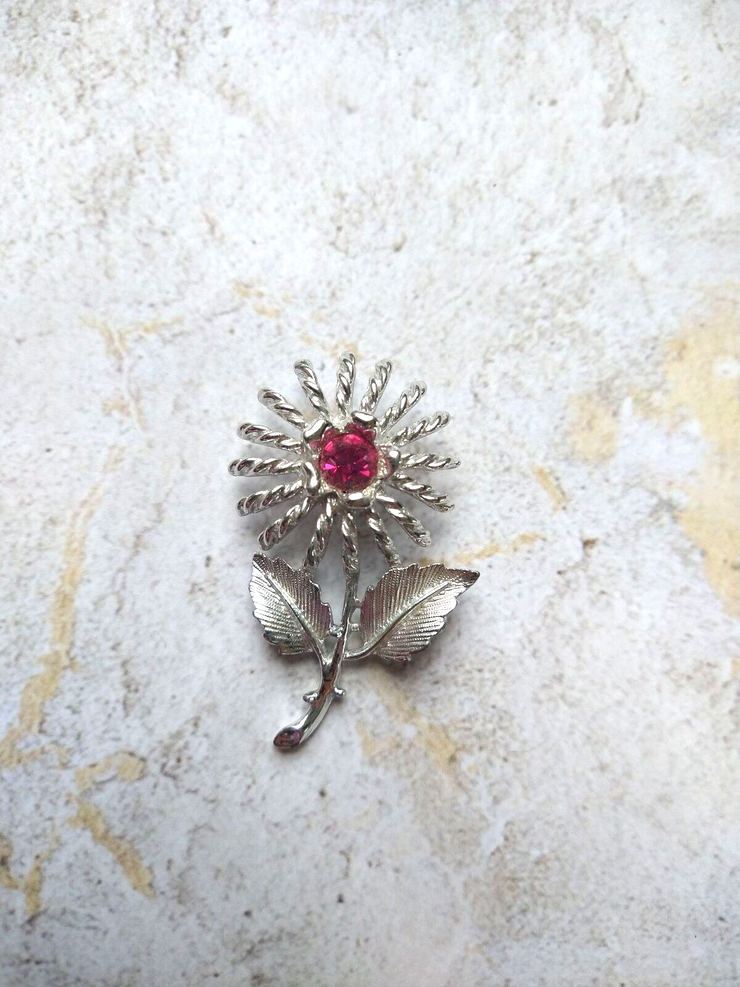 Emmons Vintage Silver Tone Flower Brooch Pin with Pink Rhinestone Estate Jewelry