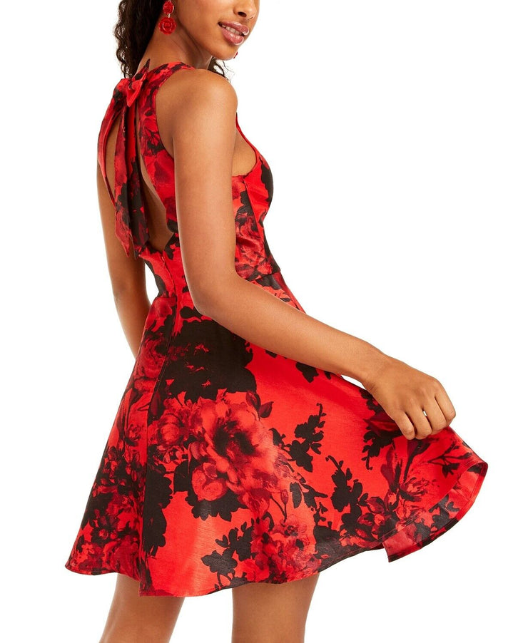 City Studio Dress Red Junior a-Line Satin Floral, Size 1