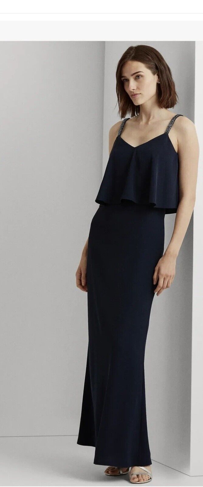 Lauren Ralph Lauren Womens Navy Sleeveless Maxi Evening Blouson Dress