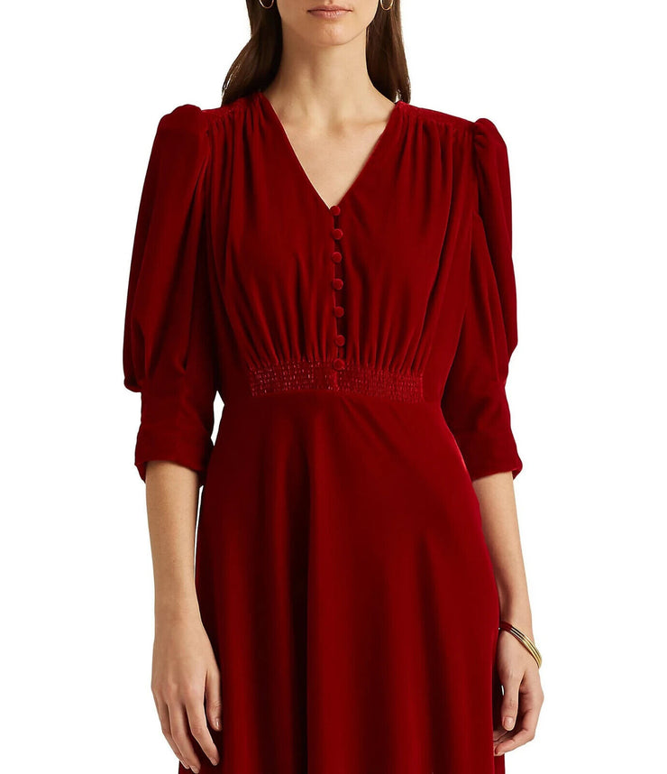 Lauren Ralph Lauren Velvet Puff-Sleeve Dress – Lipstick Red, Size 8