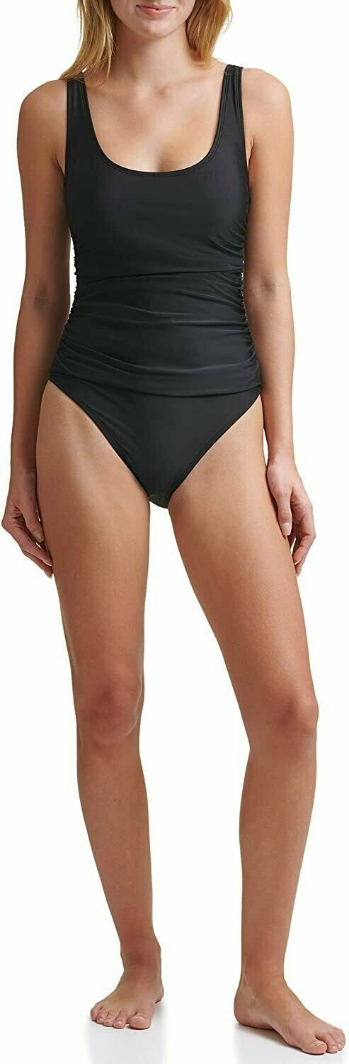 DKNY Mesh Side Shirred One Piece Swimsuit, Black, Size 6